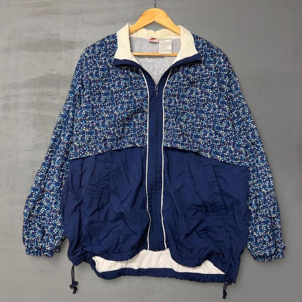 Nike Windbreaker 90s Jacket Blue Geometric Print Vintage Full Zip Women XL